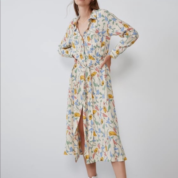 zara printed shirt dress ecru